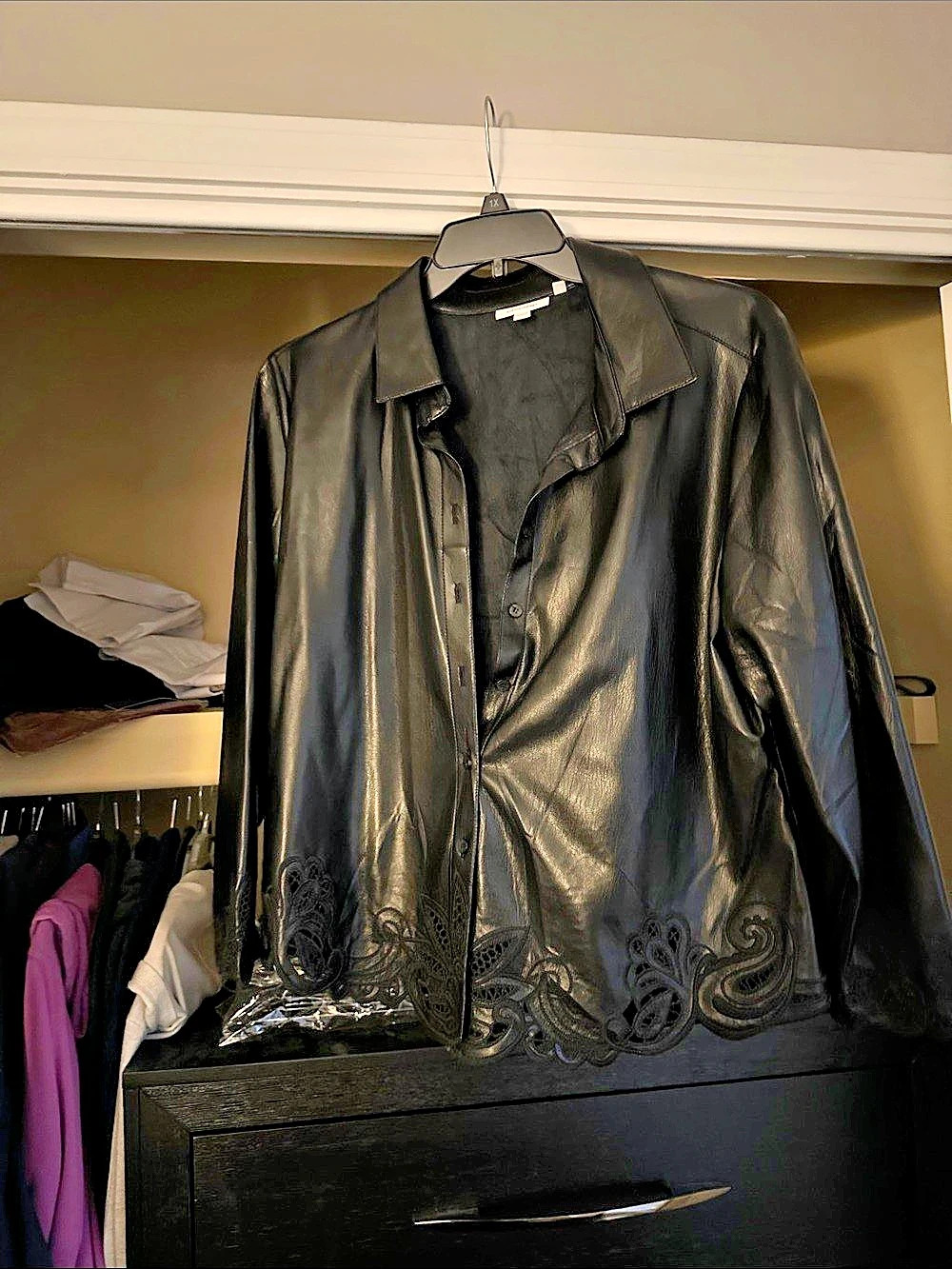 Chico's Faux Leather Button-Front Shirt with Laser-Cut Scalloped Hem Black Size
